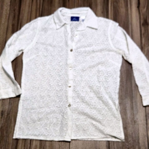 JH Collectibles White Lace Button Up Shirt Womens Large 3/4 Sleeve Sheer (917) - Picture 2 of 7
